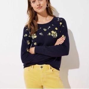 LOFT navy blue pullover with embroidered flowers